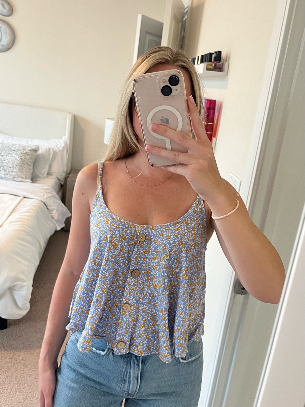 Blue Floral Button-Front Tank Top XS